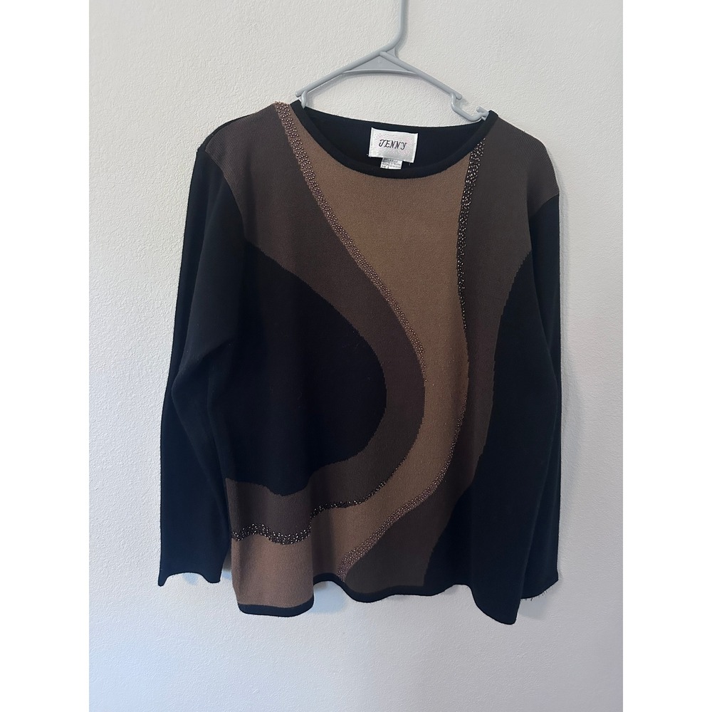 Jenny Sweater Large Black Brown swirl Abstract Beaded Colorblock Knit Top
